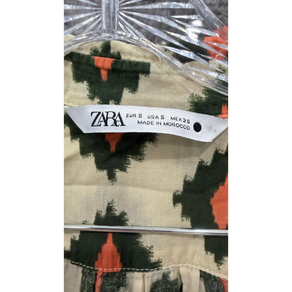 Zara Shirt Dress Size S Cream Green Orange Ikat Geometric Midi Boho Long Slv - Picture 6 of 7